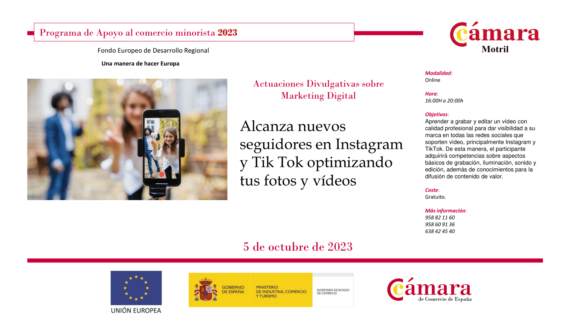 La Cámara de Comercio de Motril celebrará una jornada online bajo el título 'Alcanza nuevos seguidores en #Instagram y en #TikTok optimizando tus fotos y videos'